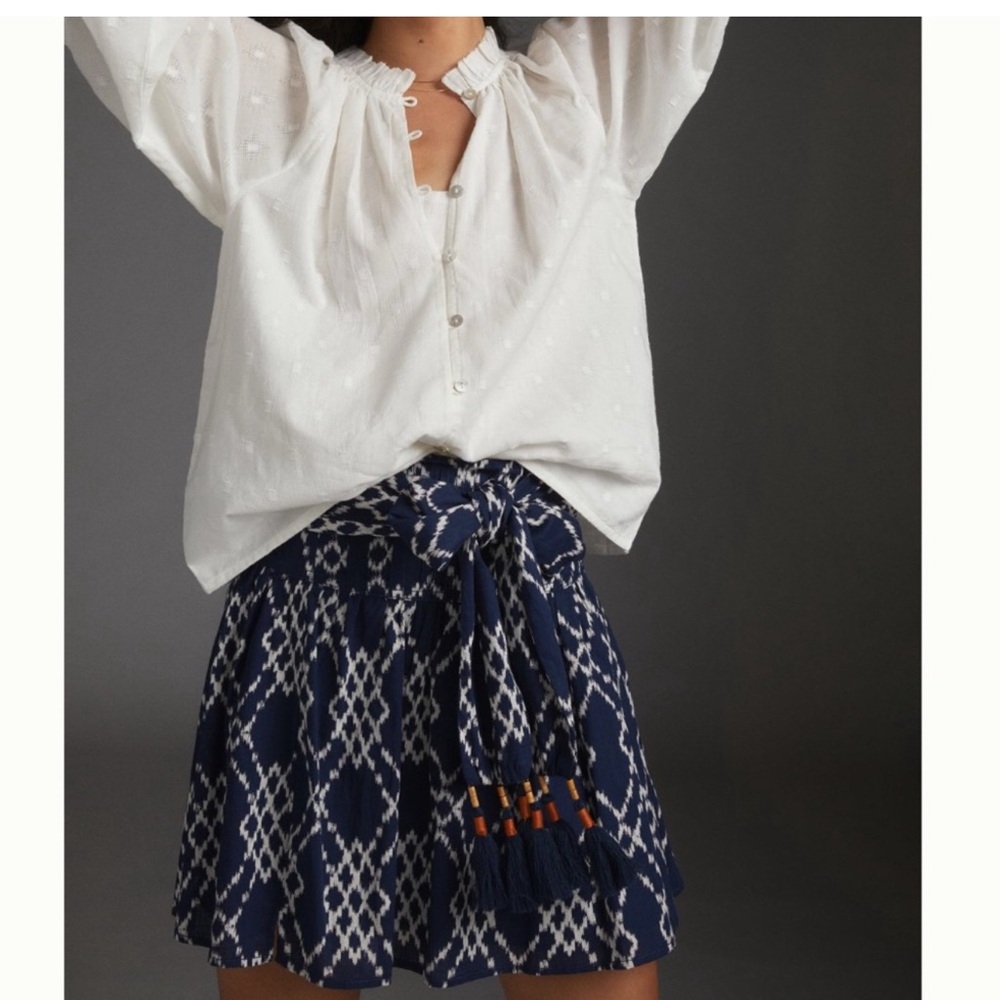 Anthropologie Blue and White Tie Front Mini Skirt